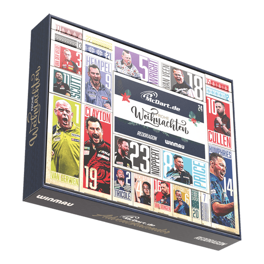 Abgebildet ist der McDart Darts Adventskalender 2025. Dieser Adventskalender bietet Überraschungen rund um das Dartspielen.