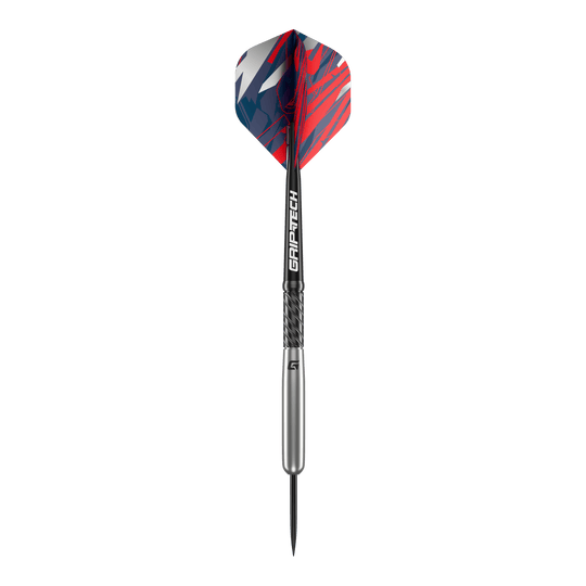 Lotki baseballowe GOAT Homerun ze stali wolframowej Das Bild zeigt den GOAT Homerun Baseball Tungsten Steeldart. Der Dart hat auffällige Flights in Rot, Blau und Weiß sowie einen silbernen Schaft mit der Aufschrift "GRIP-TECH".