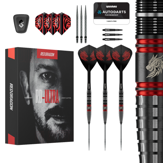 Auf dem Bild ist das Produkt Red Dragon Jonny Clayton RD-ULTRA Switch Point Steeldarts - 22g zu sehen. Die Steeldarts befinden sich vor einem weißen Hintergrund.