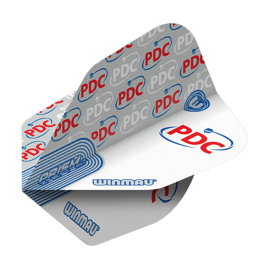 Das Bild zeigt die weißen Winmau Prism Zeta PDC No6 Flights für Dartpfeile. Sie sind mit den Logos von "PDC" und "Winmau" in Blau und Rot bedruckt.