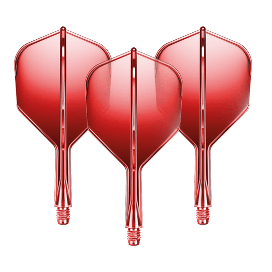 System wału lotniczego GOAT A1R No6 - czerwony Auf dem Bild sind drei rote Dart-Flights mit Shafts zu sehen. Sie sind gleichmäßig nebeneinander angeordnet und glänzen leicht.