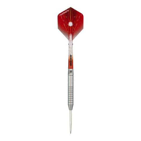 Unicorn Core XL Striker Style 1 Steeldarts - 22g Das Bild zeigt einen Unicorn Core XL Striker Style 1 Steeldart mit einem Gewicht von 22 Gramm. Der Dart hat eine silberne Spitze und einen roten Flight mit auffälligem Muster.