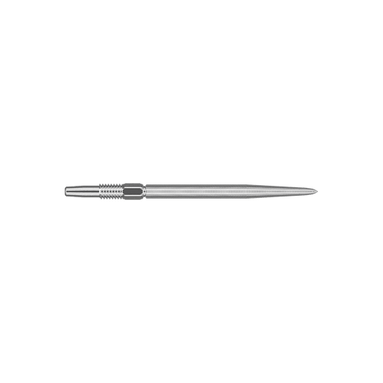 Końcówki do rzutek Target Swiss Point Nano Dart - srebrne Das Bild zeigt eine silberne Dartspitze in schlanker, länglicher Form. Die Oberfläche ist fein geriffelt und sieht präzise verarbeitet aus.