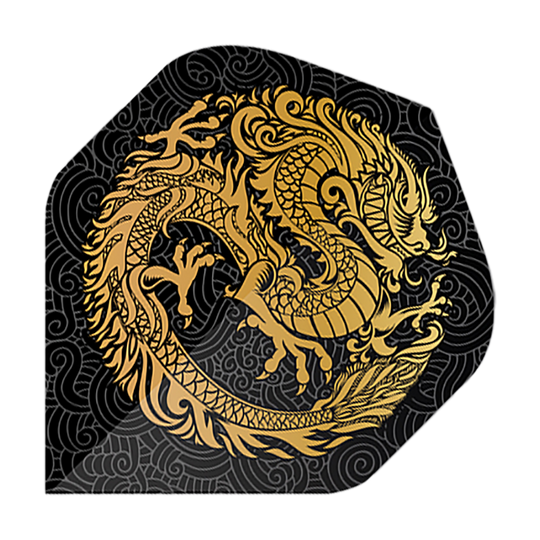 Pentathlon Flights Dragon czarny Das Bild zeigt die Pentathlon Dragon 2 Standard Flights. Auf schwarzem Hintergrund ist ein goldener Drache kunstvoll dargestellt.