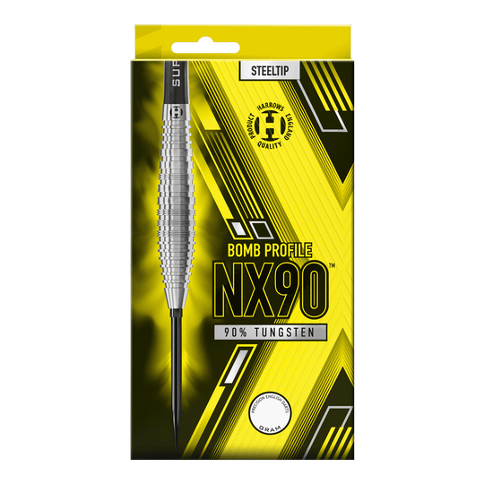 Das Bild zeigt die Harrows NX90 Bomb Quick Point Steeldarts. Es handelt sich um hochwertige Steeldarts für das Dartspiel.