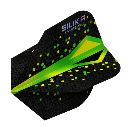 Powłoka krystaliczna Harrows Silika Colourshift Tough Crystalline Coating Green No6 Flights Das Bild zeigt ein Dartflight der Marke Harrows mit dem Namen „Silika Colourshift Tough Crystalline Coating Green No6“. Das Flight ist überwiegend schwarz mit grünen und gelben Akzenten sowie hexagonalen Mustern.