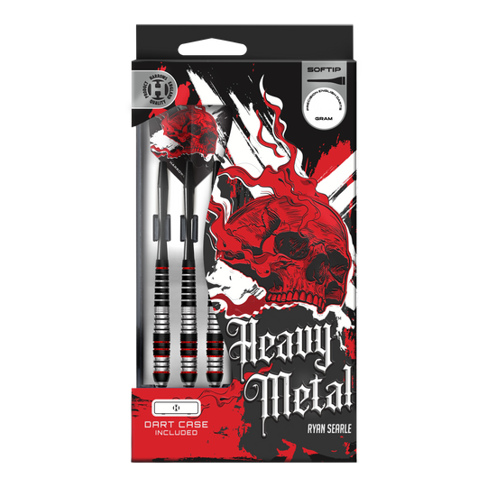 Harrows Heavy Metal Ryan Searle Brass Soft Darts Das Bild zeigt Harrows Heavy Metal Ryan Searle Brass Softdarts. Die Darts werden aus Messing gefertigt und sind auf einer hellen Fläche angeordnet.