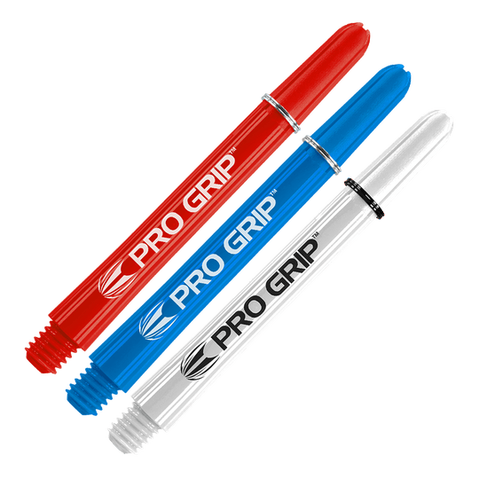 Uchwyty Target Pro Grip Shafts – 3 zestawy – czerwony, niebieski, biały Das Bild zeigt drei Dartschäfte in den Farben Rot, Blau und Weiß. Auf jedem Schaft steht der Schriftzug "PRO GRIP".