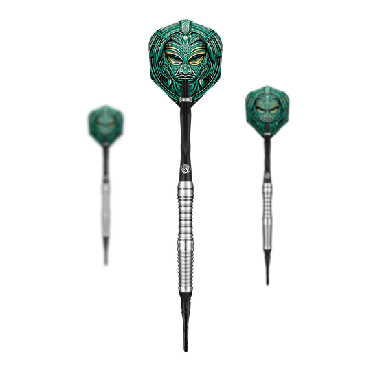 Das Bild zeigt drei Softdarts des Produkts "Shot Tribal Weapon Toki". Die Flights sind mit einem auffälligen, grün-türkisen Tribal-Motiv verziert.