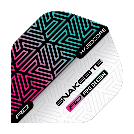 TF6842_Red_Dragon_Hardcore_Peter_Wright_Snakebite_White_Rainbow_Standard_Flights_1yVwJKB1udXLjj Das Bild zeigt ein Dartflight mit farbenfrohem, geometrischem Muster in Schwarz, Pink und Türkis. Auf dem Flight stehen die Wörter "SNAKEBITE", "HARDCORE" und "RD PRO DESIGN".