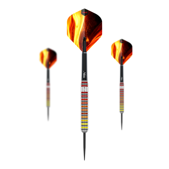 Stalowe rzutki Red Dragon Furnace Hier sehen Sie das Set der Red Dragon Furnace Steeldarts. Die Darts sind in einer geordneten Anordnung dargestellt.