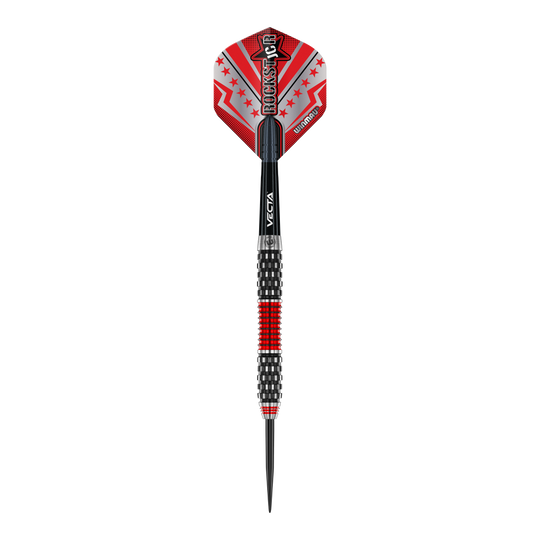 Stalowe lotki Winmau Joe Cullen Rockstar Series RS1 Das Bild zeigt einen Winmau Joe Cullen Rockstar Series RS1 Steeldartpfeil. Der Pfeil ist überwiegend schwarz mit roten und silbernen Akzenten sowie einem auffälligen "Rockstar"-Aufdruck auf dem Flight.
