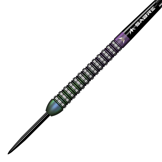 Das Bild zeigt einen Mission Bailey Marsh Ghost Steeldart mit einem Gewicht von 23 Gramm. Der Dart hat ein schwarzes und silbernes Design mit feinen Rillen am Griffbereich.