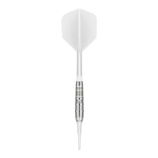 Target Japan Crux Trust Soft Darts - 17g Das Bild zeigt einen Target Japan Crux Trust Softdart mit einem Gewicht von 17 Gramm. Der Dart hat einen silbernen, gerillten Schaft und weiße Flights.