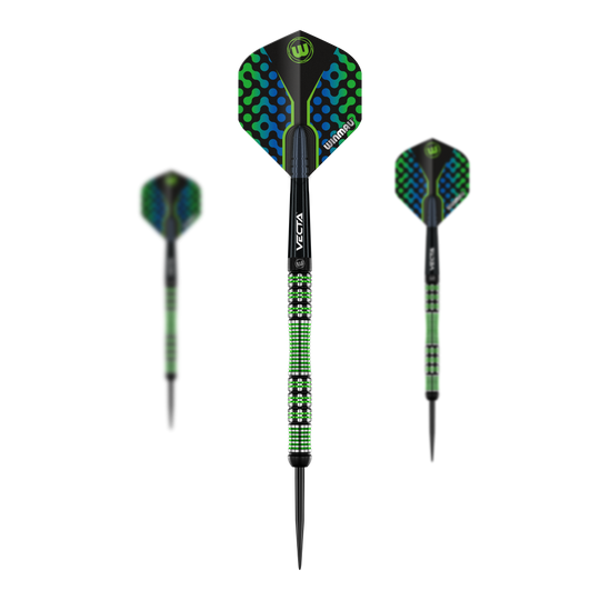 Stalowe lotki Winmau Brendan Dolan Das Bild zeigt drei Winmau Brendan Dolan Steeldarts mit auffälligem grün-blauem Design. Die Darts haben schwarz-grün gemusterte Griffe und schwarze Spitzen.