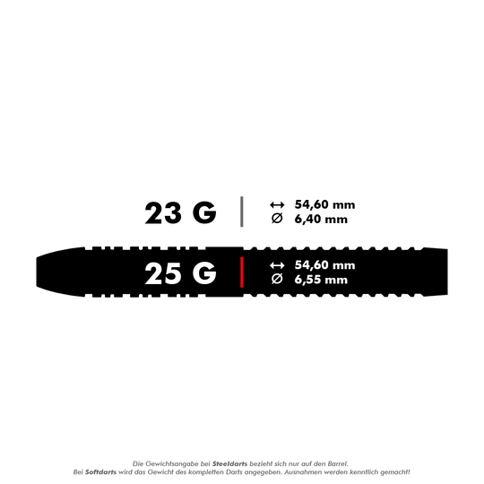 1491_Winmau_Florian_Hempel_Steeldarts_5_25g Das Bild zeigt die technischen Daten eines Steeldarts mit einem Gewicht von 25 Gramm. Die Länge beträgt 54,60 mm und der Durchmesser 6,55 mm.
