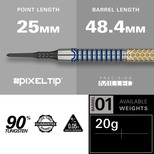 Target Josh Rock GEN1 Miękkie lotki - 20g Das Bild zeigt den Softdart "Target Josh Rock GEN1" mit einem Gewicht von 20g. Der Dart hat eine Spitzenlänge von 25 mm, eine Barrel-Länge von 48,4 mm und besteht zu 90% aus Tungsten.