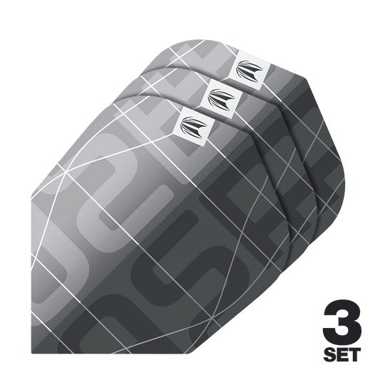 Target Pro Ultra Aspinall X Echo No6 Lotki - 3 zestawy Das Bild zeigt drei Sätze Target Pro Ultra Aspinall X Echo No6 Flights für Darts. Die Flights haben ein modernes, graues Design mit weißen Linien und einem kleinen Logo.