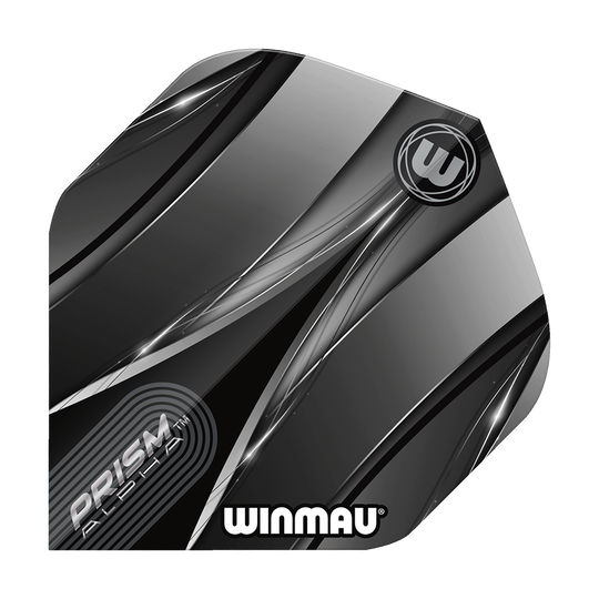 Loty standardowe Winmau Alpha Sniper Black Das Bild zeigt einen Winmau Alpha Sniper Black Standard Flight für Darts. Das Design ist überwiegend schwarz und silber mit stilisierten Linien und dem Winmau-Logo.