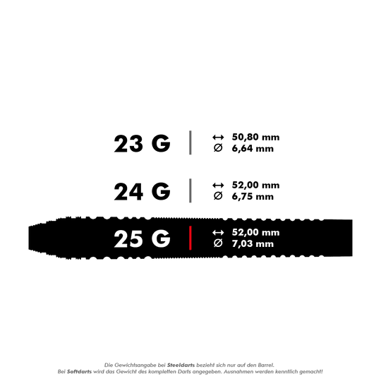 Bulls NL Dirk Van Duijvenbode Edition 2 stalowe rzutki Das Bild zeigt die Gewichts- und Maßangaben von Steeldarts in den Varianten 23 g, 24 g und 25 g. Für jede Variante sind die Länge und der Durchmesser des Barrels angegeben.