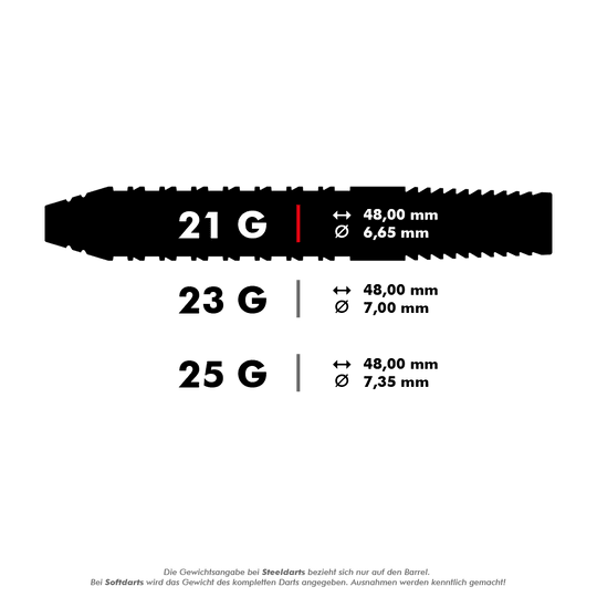 Das Bild zeigt die technischen Daten der Target Bolide 02 Swiss Point Steeldarts in drei verschiedenen Gewichten. Die Darts sind in 21 g, 23 g und 25 g erhältlich, jeweils mit einer Länge von 48 mm und unterschiedlichen Durchmessern.
