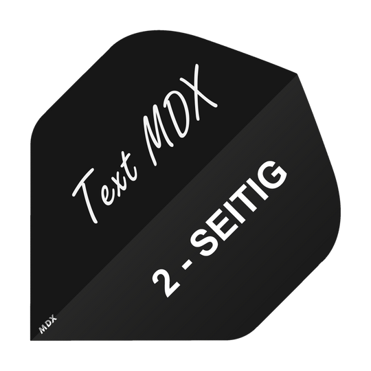 Das Bild zeigt ein schwarzes Dartflight mit der Aufschrift "Text MDX" und "2-SEITIG". Es handelt sich um ein individuell bedruckbares Produkt im MDX Standard.