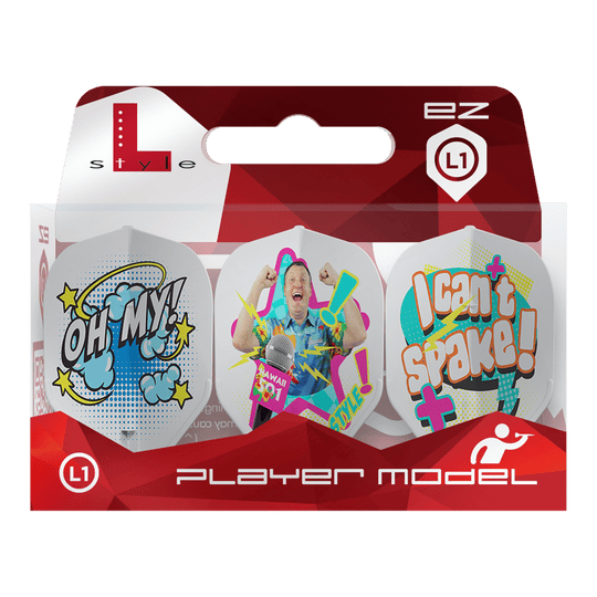 Loty Wayne'a Mardle'a typu B w stylu L, białe, L1EZ Die Verpackung zeigt die L-Style Wayne Mardle Type B L1EZ White Flights. Die Flights sind farbenfroh gestaltet und tragen Comic-Sprüche wie „OH MY!“ und „I can’t spake!“.