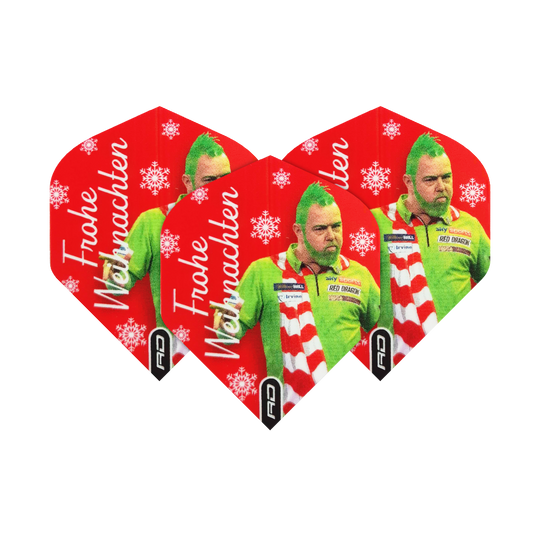 Abgebildet sind die Red Dragon Peter Wright Grinch Standard Weihnachtsflights. Die Flights sind mit einem weihnachtlichen Motiv gestaltet.