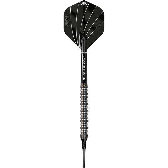 Das Bild zeigt einen Softdart namens "Mission Spiro Model 1" mit einem Gewicht von 20g. Der Dart hat ein modernes, schwarzes Design mit silbernen Ringen am Griff.