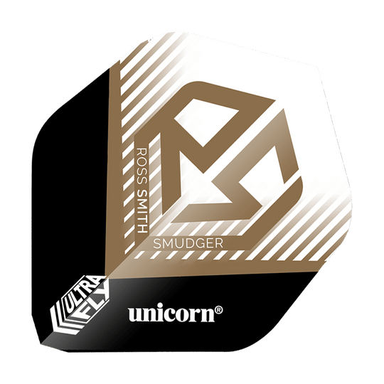 Unicorn Ultrafly 100 Ross Smith Smudger AR1 Flights Das Bild zeigt einen Dartflight mit der Aufschrift „ROSS SMITH SMUDGER“ und einem goldenen Logo auf weißem Hintergrund. Unten befinden sich die Markenbezeichnungen „ultrafly“ und „unicorn“.