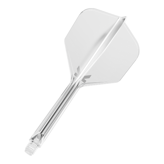 Das Bild zeigt einen transparenten Dart-Flug mit Schaft vor schwarzem Hintergrund. Das Produkt wirkt modern und klar gestaltet.