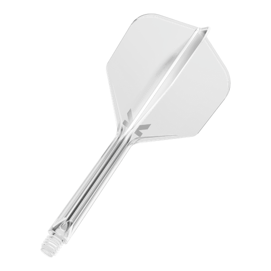 System lotu Target K-Flex No6 - przezroczysty Das Bild zeigt einen transparenten Dart-Flug mit Schaft vor schwarzem Hintergrund. Das Produkt wirkt modern und klar gestaltet.