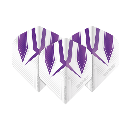 Das Bild zeigt drei Winmau Prism Alpha 6915.177 Standard Flights. Sie sind überwiegend weiß mit lila und violetten Mustern.