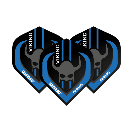 Das Bild zeigt drei Winmau Andy Fordham Viking Rhino Flights. Sie sind schwarz mit blauen Akzenten und haben ein Wikinger-Helm-Design in der Mitte.