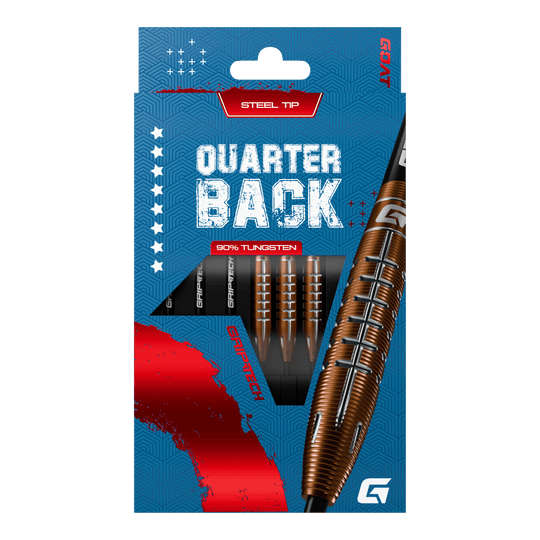 Lotki GOAT Quarterback V2 ze stali wolframowej - 24 g Die Verpackung zeigt die "GOAT Quarterback V2 Tungsten Steeldarts - 24g" mit Stahlspitze. Die Darts bestehen zu 90% aus Tungsten und haben ein modernes Design.