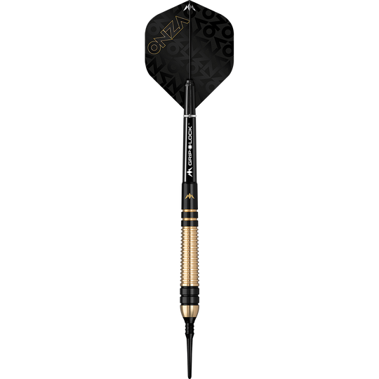 Dies ist der Mission Onza Model 2 Black Gold Softdart mit einem Gewicht von 18g. Der Dart hat ein elegantes Design in Schwarz und Gold.