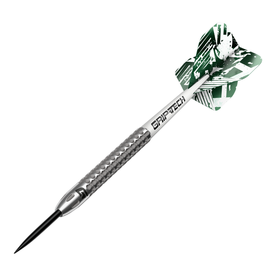 Lotki GOAT Fairway V2 ze stali wolframowej Das Bild zeigt einen GOAT Fairway V2 Tungsten Steeldart. Der Dartpfeil hat ein silbernes Griffstück mit strukturierter Oberfläche und grüne Flights mit weißem Muster.