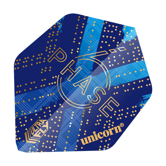 69454_Unicorn_World_Champion_Gary_Anderson_Phase_6_AR2_Flights_1 Das Bild zeigt das Produkt "Unicorn Ultra Fly 100 Gary Anderson World Champion Phase 6 AR2 Flights". Das Design ist überwiegend blau mit goldenen Punkten und Schriftzügen wie "PHASE" und "unicorn".