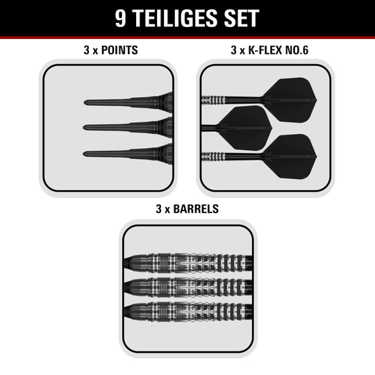 Miękkie lotki Target Black Marque Blaze – 18 g Gezeigt werden die Target Black Marque Blaze Softdarts mit 18g Gewicht. Diese Softdarts sind für ambitionierte Spieler entworfen.