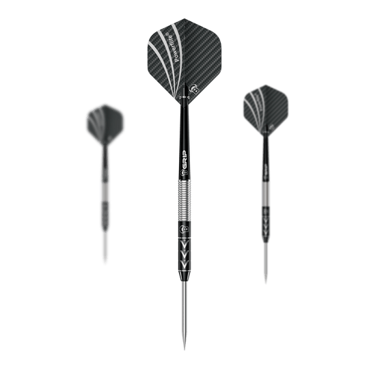 Rzutki stalowe Bulls Challenger Arno Merk - 22g Das Bild zeigt drei Steeldarts des Modells "Bulls Challenger Arno Merk" mit einem Gewicht von 22g. Die Pfeile haben schwarze Flights mit silbernen Akzenten und einen silber-schwarzen Schaft.