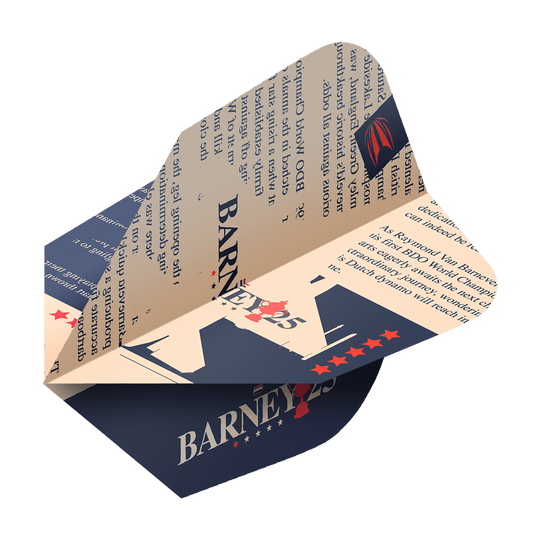 Kieruj na loty ProUltra Raymond Van Barneveld Barney25 Ten-X Das Bild zeigt ein Target ProUltra Raymond Van Barneveld Barney25 Ten-X Flight für Darts. Das Flight ist in Beige und Dunkelblau gehalten und mit Text sowie Sternen dekoriert.