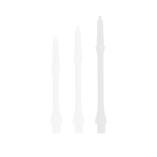 Das Bild zeigt drei weiße Harrows Clic Slim Shafts in unterschiedlichen Längen. Die Shafts stehen nebeneinander auf weißem Hintergrund.