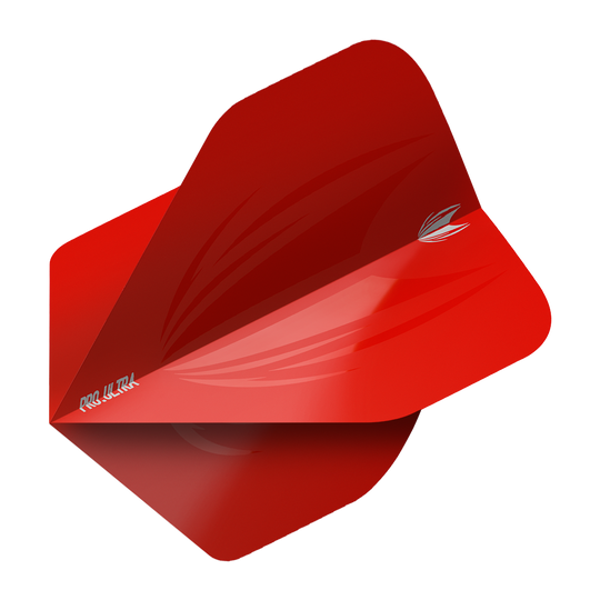 TG424_Target_ProUltra_ID_Red_No2_Standard_Flights_2 Das Bild zeigt ein rotes Dartflight mit der Aufschrift "Pro Ultra" und einem stilisierten Flügeldesign. Es handelt sich um das Produkt "Target ProUltra ID Red No2 Standard Flights".