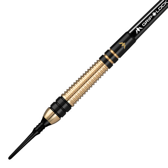 Das Bild zeigt einen Mission Onza Model 2 Black Gold Softdart mit einem Gewicht von 18g. Der Dart ist überwiegend goldfarben mit schwarzen Akzenten und einer geriffelten Oberfläche.
