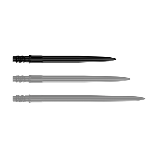 Końcówki do lotek Mission R2.5 Rapid Point SM1 – czarne Das Bild zeigt eine einzelne schwarze Dartspitze mit einer Länge von 30 mm. Die Spitze ist für den Einsatz in Darts gedacht.