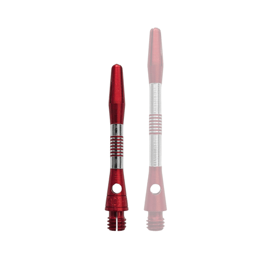 Bild zeigt rote Aluminium Shafts mit einer Länge von 34 mm. Es handelt sich vermutlich um Zubehör für Darts.