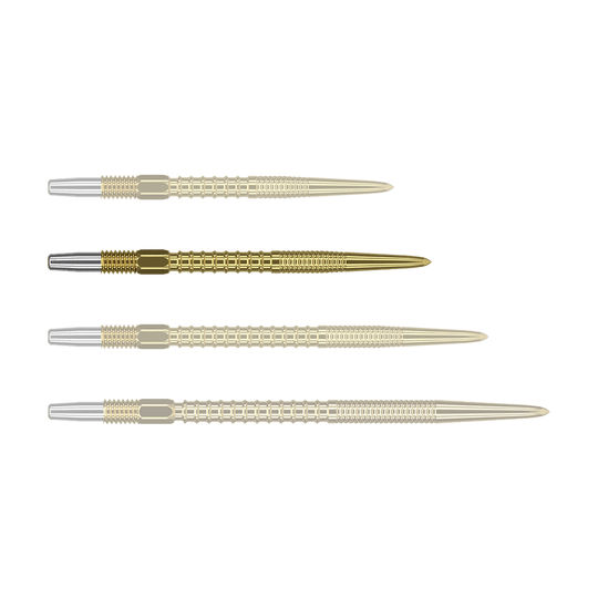 Końcówki do lotek Target Swiss Firepoint Gold Das Bild zeigt vier goldfarbene Dartspitzen, die nebeneinander liegen. Die Spitzen haben einen silbernen Ansatz und eine gerillte Struktur.