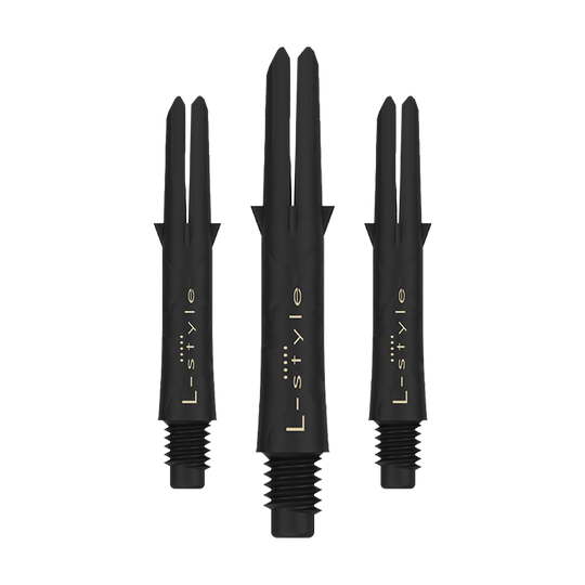Das Bild zeigt drei schwarze Carbon Shafts für Dartpfeile der Marke L-Style. Die Shafts sind ohne Kappen und besitzen eine goldene Schrift.