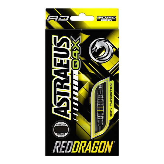 Rzutki stalowe Red Dragon Astraeus Q4X Torpedo Die Abbildung zeigt die Verpackung der "Red Dragon Astraeus Q4X Torpedo Steeldarts". Das Design ist überwiegend schwarz und gelb, mit auffälligem Markenschriftzug und einer sichtbaren Abbildung eines Darts.
