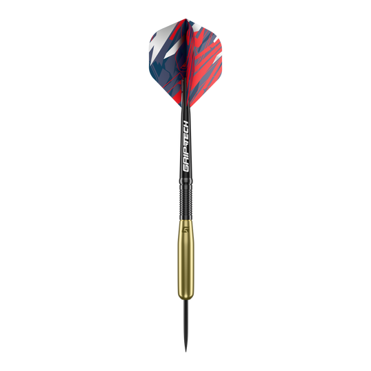 Dies ist ein GOAT Homerun Baseball Brass Steeldart mit einem Gewicht von 15g. Der Dart hat einen goldenen Messingkörper und eine farbige Flights mit rotem, blauem und weißem Muster.